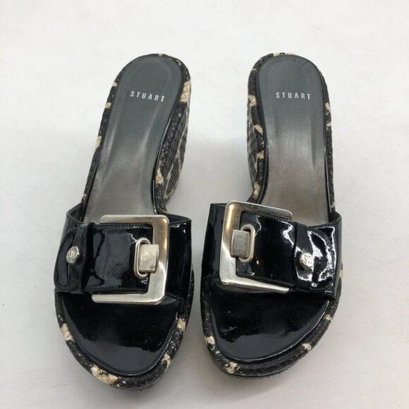 Stuart Weitzman Clipper Giraffe print platform wedge slides black leather size X - Picture 11 of 12